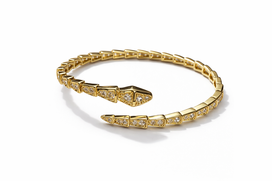 14K Gold Plated Snake Cuff Bracelet 2 Micron CZ Open Bangle Women