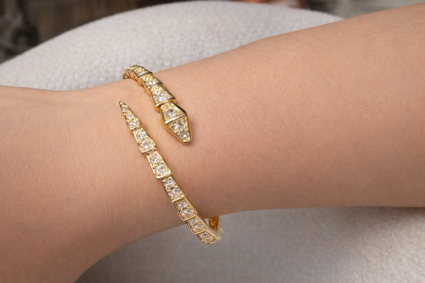 14K Gold Plated Snake Cuff Bracelet 2 Micron CZ Open Bangle Women