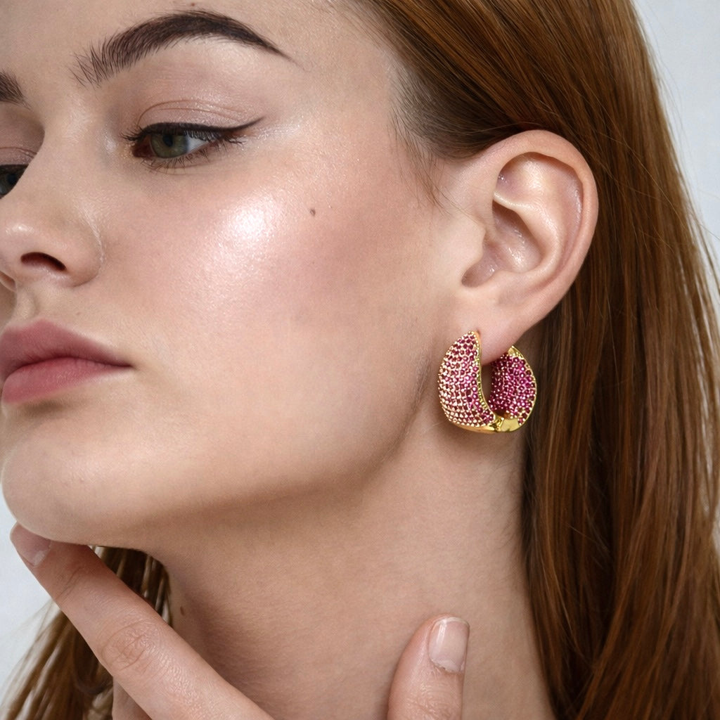 Fuchsia Bold Dome Pavé CZ Hoop Earrings