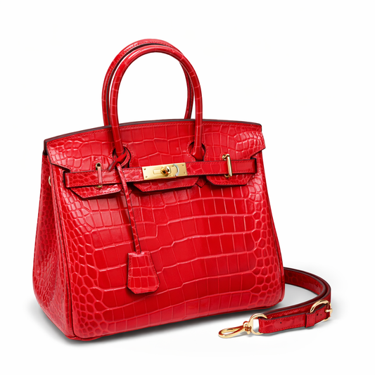 Red Croc Embossed Structured Handbag