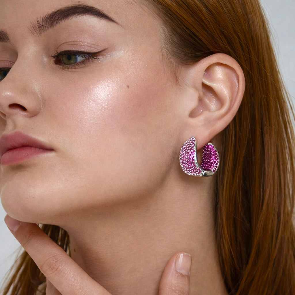 Fuchsia Bold Dome Pavé CZ Hoop Earrings