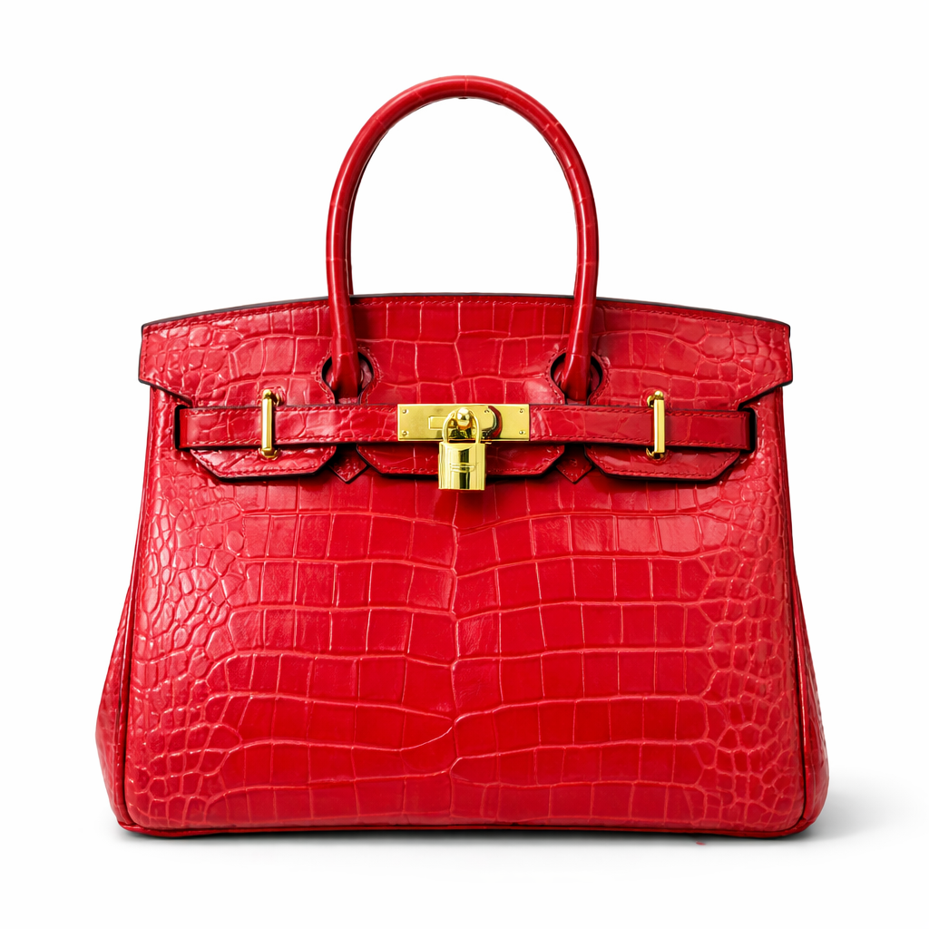 Red Croc Embossed Structured Handbag