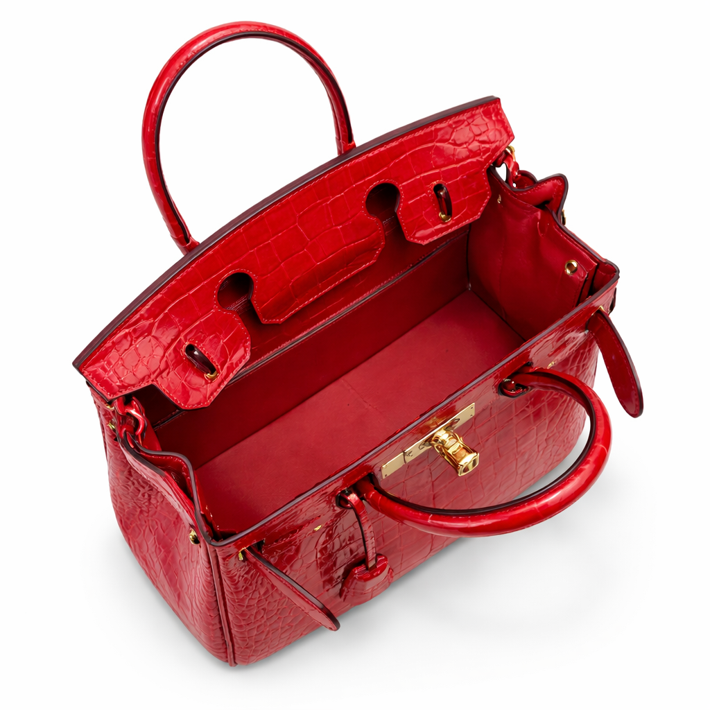 Red Croc Embossed Structured Handbag