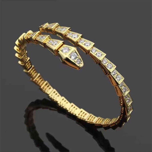 14K Gold Plated Snake Cuff Bracelet 2 Micron CZ Open Bangle Women